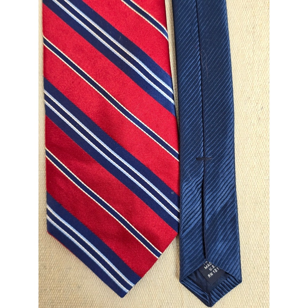 Tommy Hilfiger Mens Silk Tie Red Navy Blue White Striped Rep Necktie USA Made - Picture 3 of 7